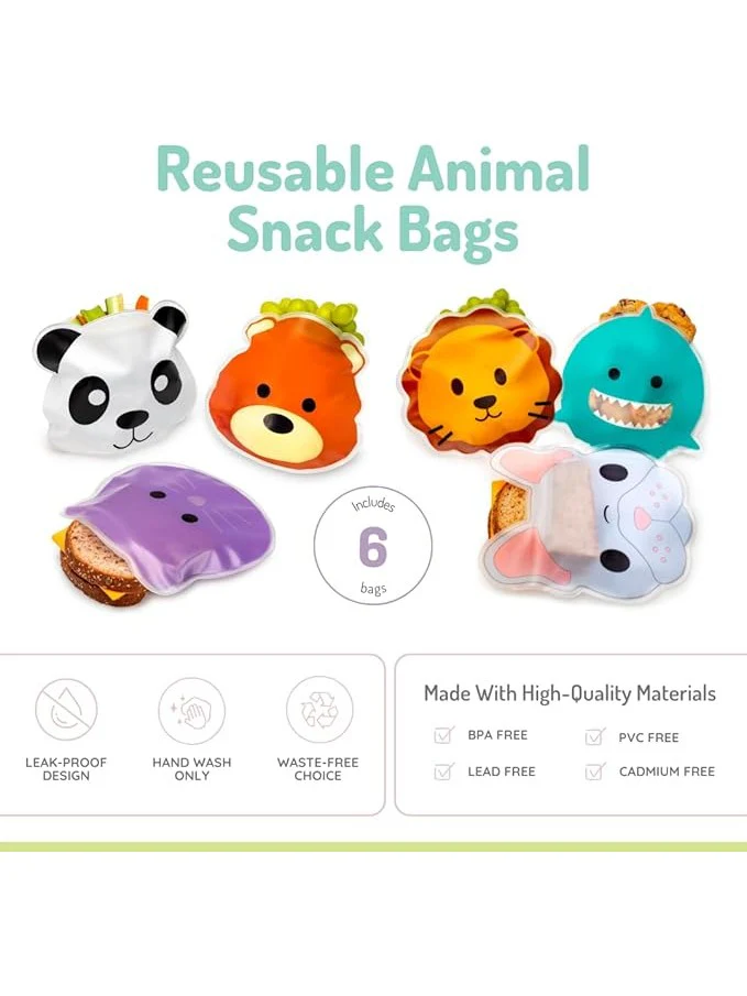 Melii Reusable Snack Bags - Bulldog, Cat, Lion, Panda, Bear & Shark (6 pack) - Image 3