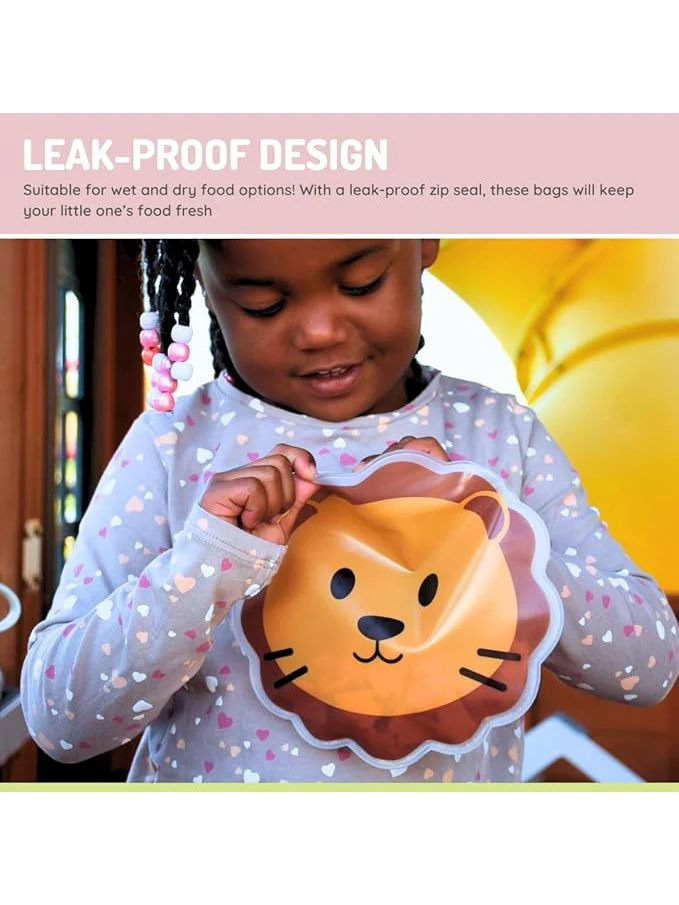 Melii Reusable Snack Bags - Bulldog, Cat, Lion, Panda, Bear & Shark (6 pack) - Image 4